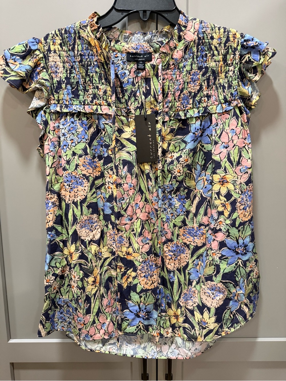 Current Air Navy Multi Floral Smocked Yoke Flutter Sleeve Blouse